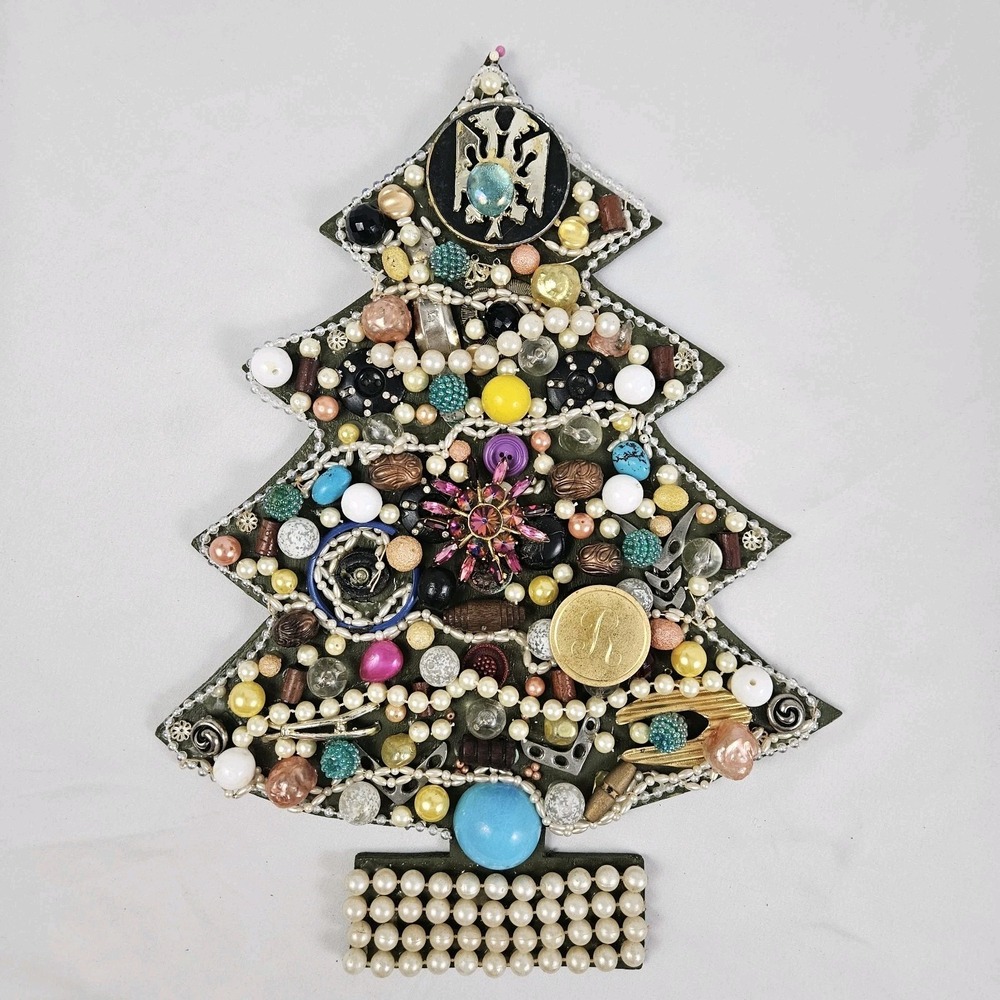 Vintage Jewelry Christmas Tree Art Collage Decor Handcrafted Buttons Pearls